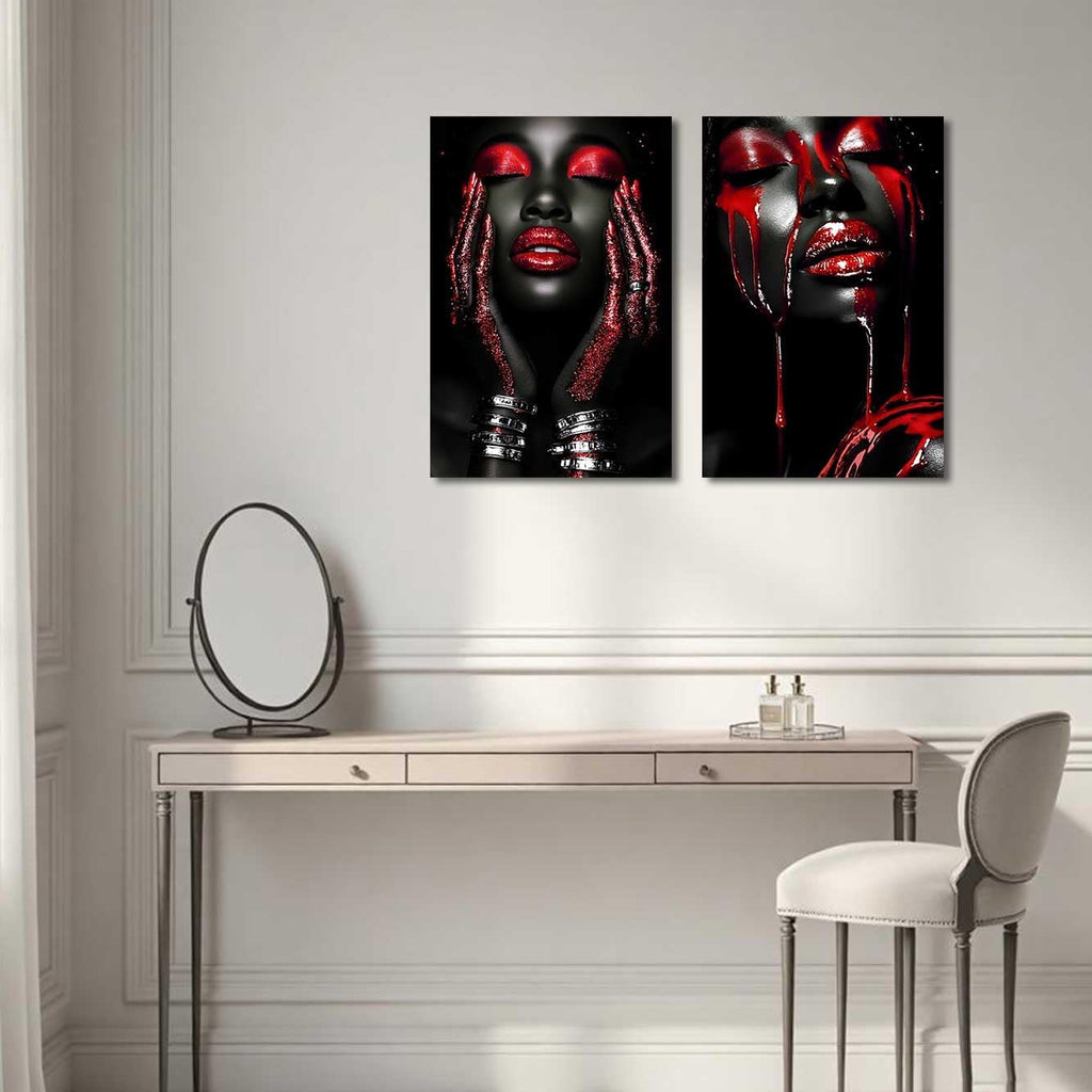 BJYCHG 2Pcs African American Canvas Wall Art Abstract Black Woman Face Painting Prints Fashion Black Female Portrait Poster Pictures Modern Girl Bedroom Room Decor (Red, (24x36inx2 Pieces))