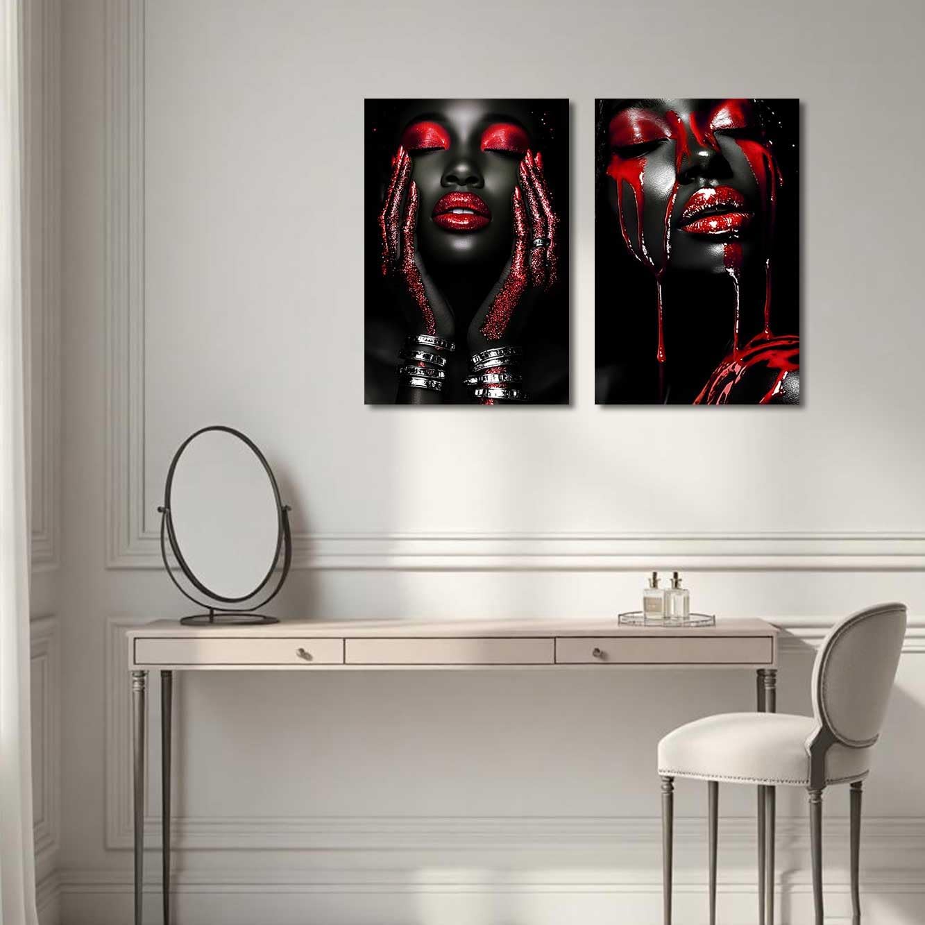 BJYCHG 2Pcs African American Canvas Wall Art Abstract Black Woman Face Painting Prints Fashion Black Female Portrait Poster Pictures Modern Girl Bedroom Room Decor (Red, (24x36inx2 Pieces))