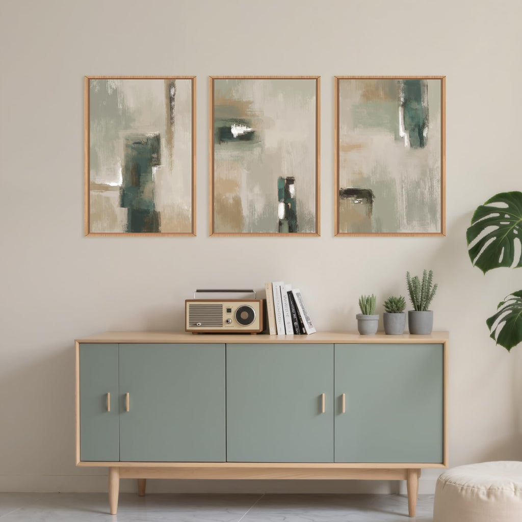 Large Abstract Green Brown Framed Canvas Wall Art,Modern Brush Stoke Wall Decor,Neutral Beige Grey Painting,Rustic Minimalist Artwork for Living Room,Bedroom,Dining Room,Office -24'x36'x3