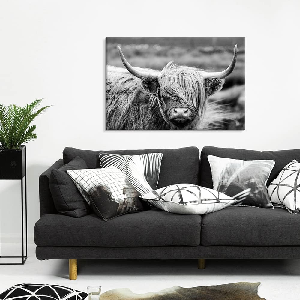 SEVEN WALL ARTS Scottish Highland Cow Canvas Wall Art Black and White Wall Decor Cattle Picture Print Photography Wildlife Animal Portrait Framed Farmhouse Artwork for Living Room Bedroom Office Decor