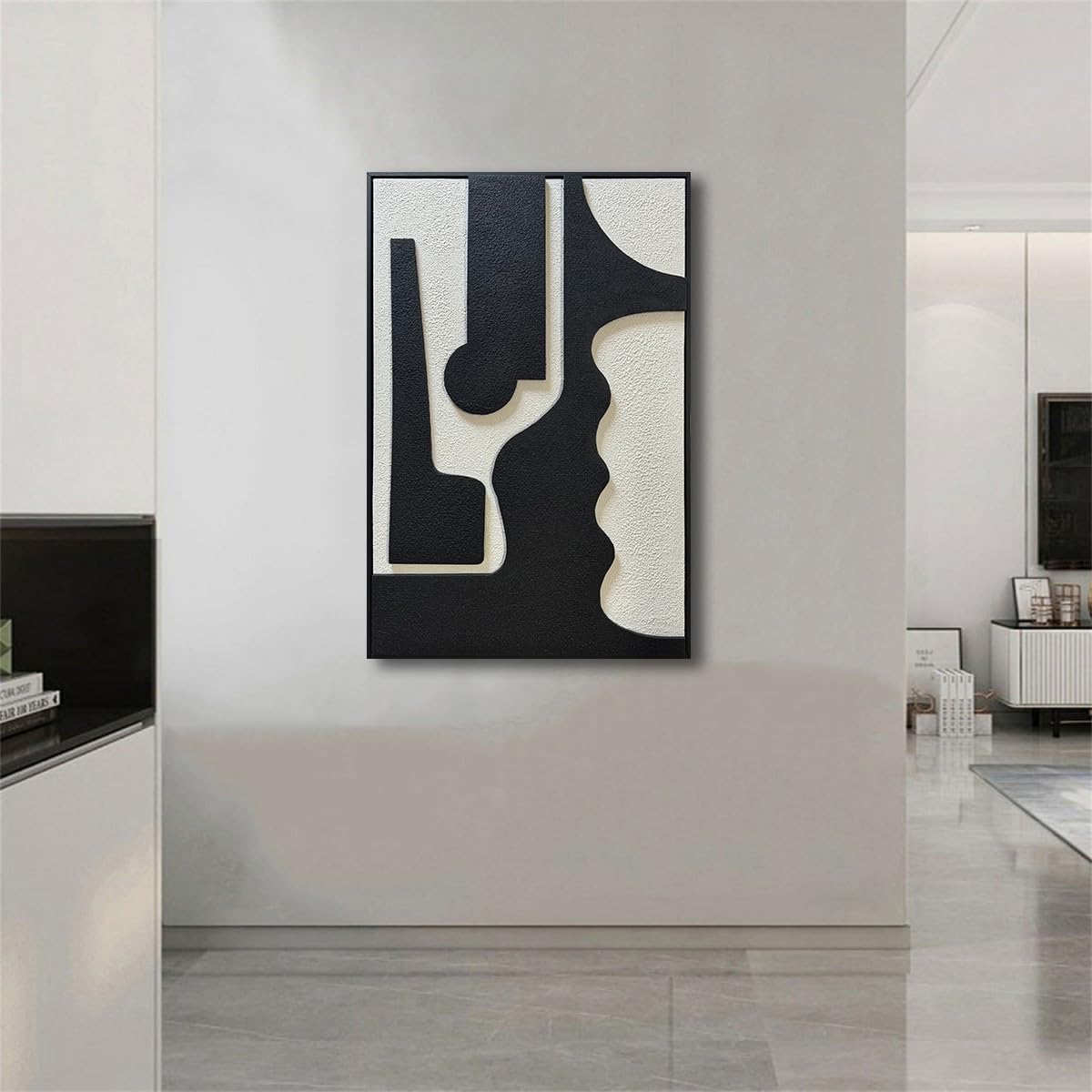 zoinart Black and White Textured Plaster Wall Art, 24x36 Black White Framed Artwork Wall for Home Decor, Minimalist Modern Monochrome Relief Art