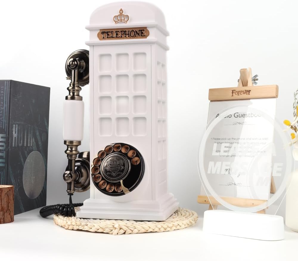Retro Phonebooth Recording Audio Guest Book Phone for Wedding, Vintage Guestbook Telephone Booth (White)