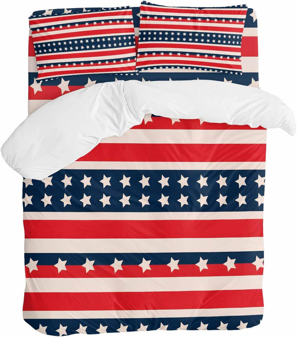 Prime Leader Independence Day Duvet Cover Set Queen Size 4 Pieces Vintage Classic Red White Blue Stripes Bedding Set with Zipper Closure, 1 Comforter Cover 90x92 Inches 1 Flat Sheet & 2 Pillow Cases