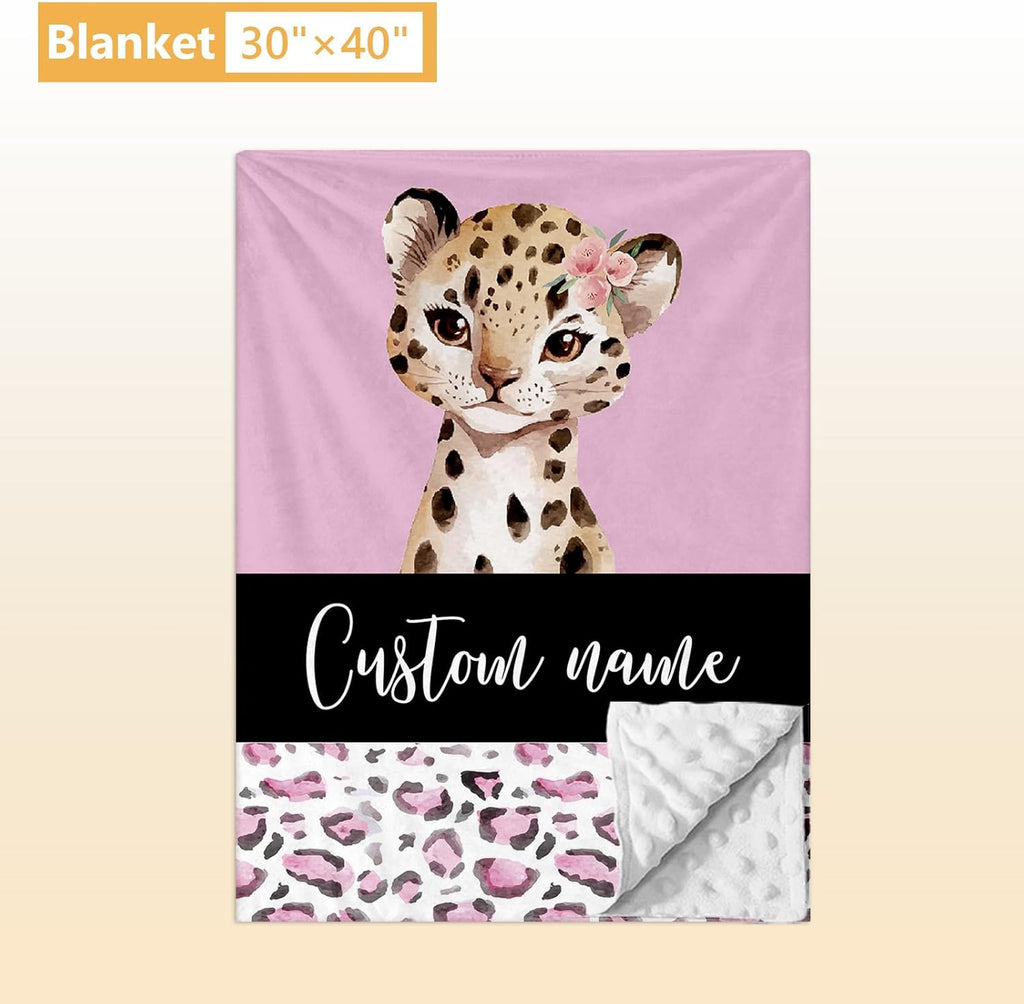 Terwex Personalized Baby Bedding Set, 5 Pcs Custom Baby Crib Sets with Name, Toddler Bedding Set for Baby Girls, Pink Leopard Double Layer Nursery Bedding Set, Customized Gifts for Infants Kids