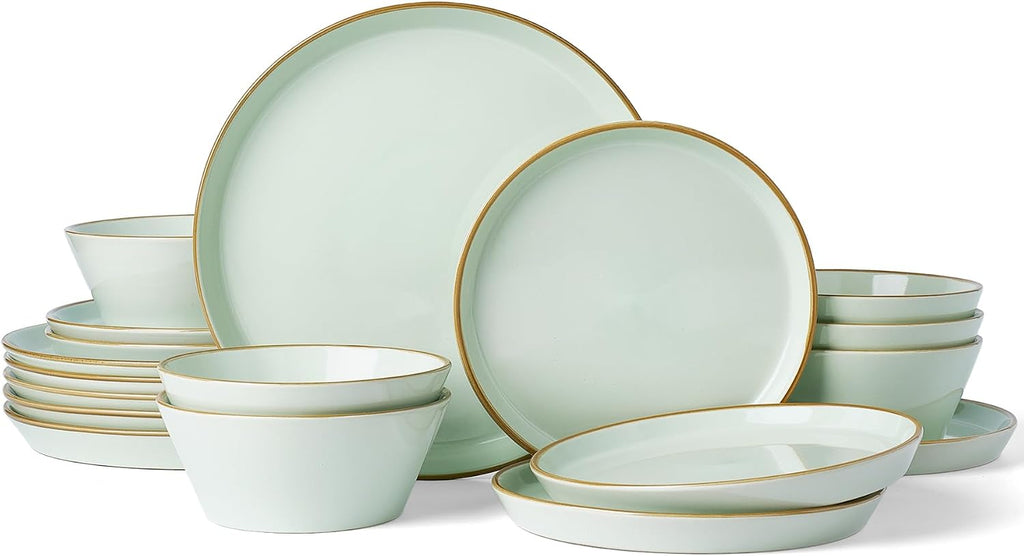Famiware Saturn Plates and Bowls Dish Sets for 6 (18 Pieces), Stoneware Dinnerware Set with Hand-Painted Trim - Chip & Scratch Resistant, Microwave & Dishwasher Safe Ceramic Dishes, Light Green