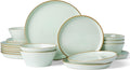 Famiware Saturn Plates and Bowls Dish Sets for 6 (18 Pieces), Stoneware Dinnerware Set with Hand-Painted Trim - Chip & Scratch Resistant, Microwave & Dishwasher Safe Ceramic Dishes, Light Green