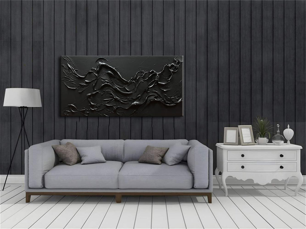 zoinart 100% Hand Painted Thick Texture Black Wall Art Minimalist Oil Painting Contemporary Art 24x48 Inches Oil on Canvas Black Texturd Wall Art Home Decoration