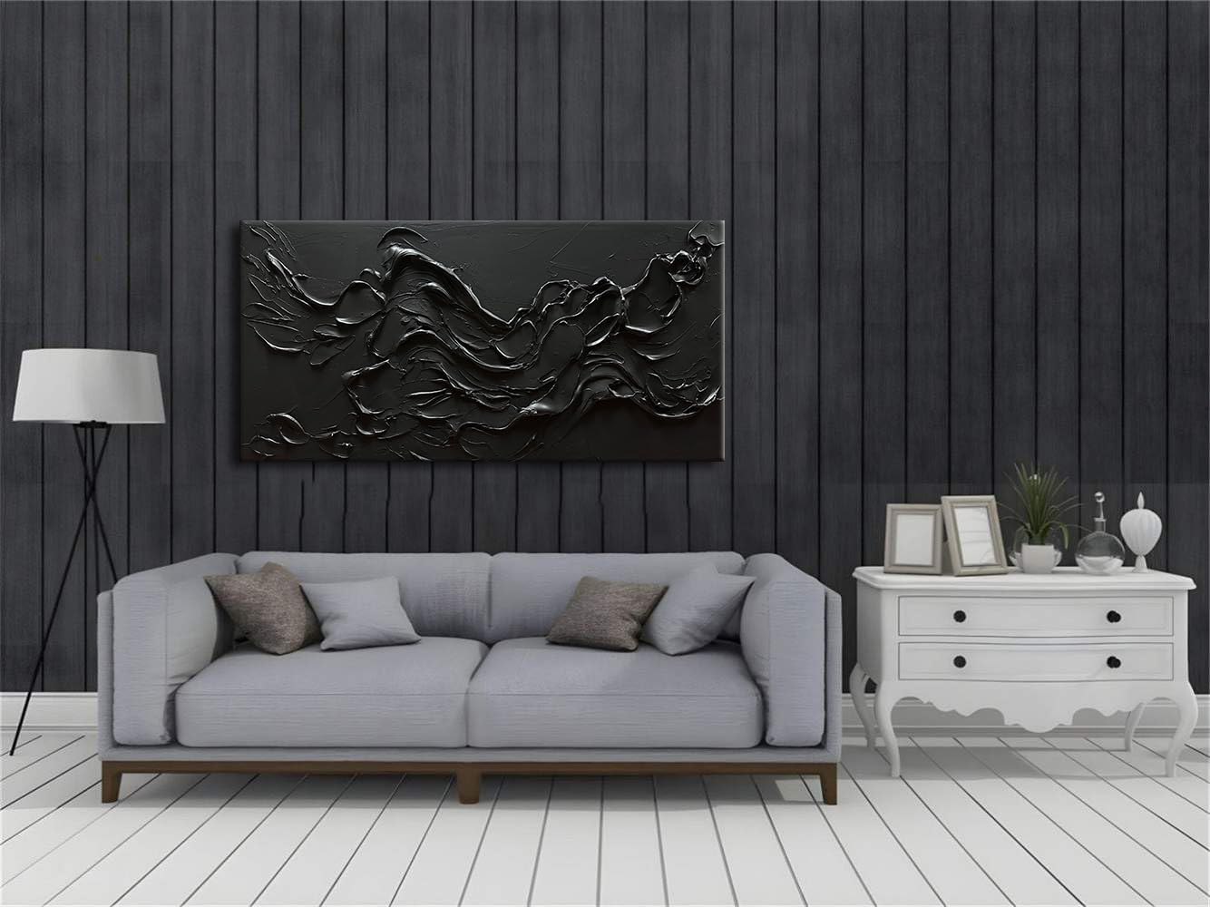 zoinart 100% Hand Painted Thick Texture Black Wall Art Minimalist Oil Painting Contemporary Art 24x48 Inches Oil on Canvas Black Texturd Wall Art Home Decoration