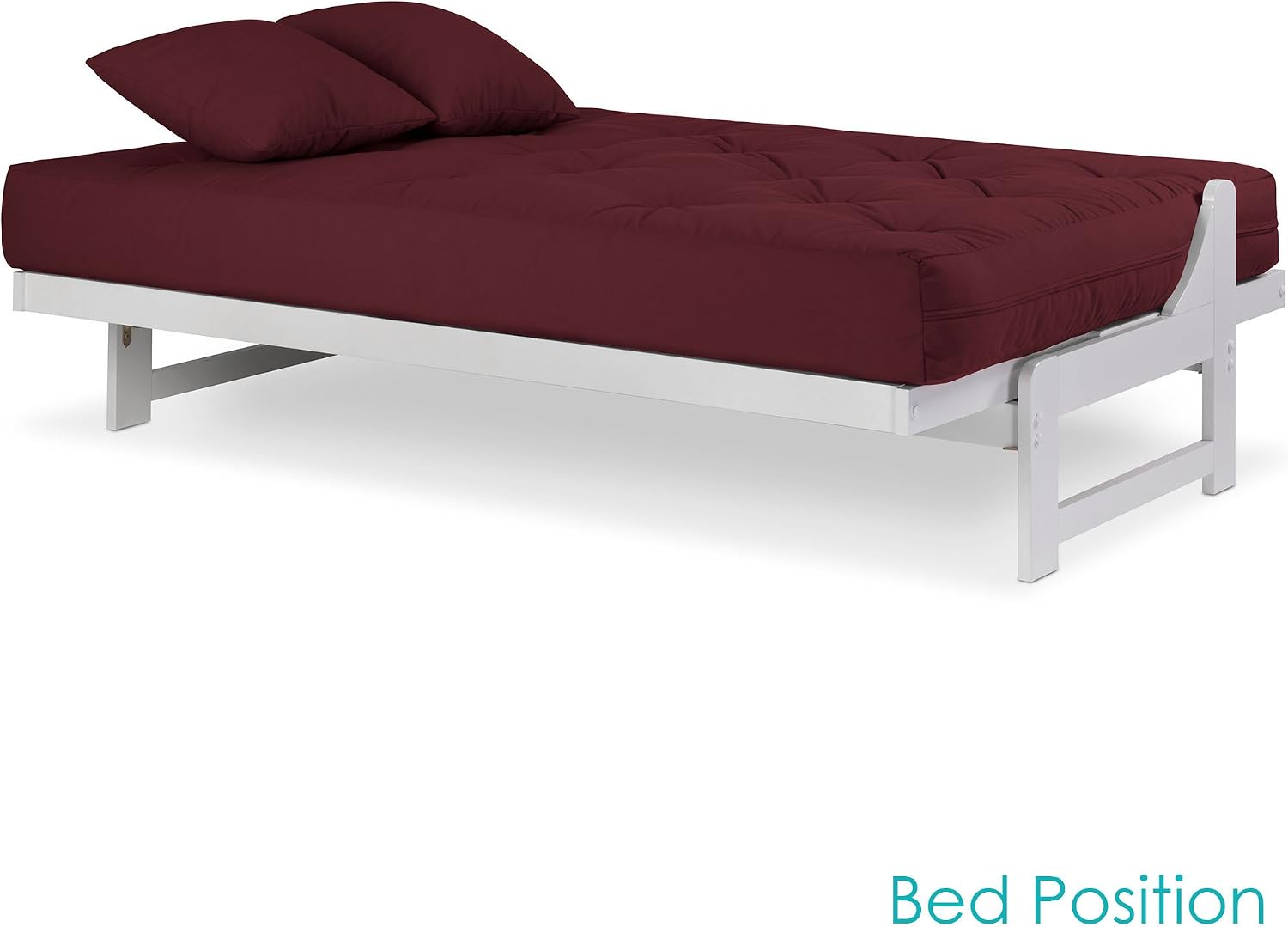 Nirvana Futons Arden White Futon Set Full or Queen Size - Armless Wood Futon Frame with Mattress Included (Twill Burgundy), Space Saving Modern Sofa Bed Sleeper