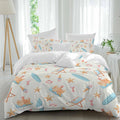 Summer Beach Duvet Cover Set Queen Size 4 Pieces Dreamy Ocean Blue Surfboards Beach Chair Castle Starfish Bedding Set with Zipper Closure, 1 Comforter Cover 92x106 Inches 1 Flat Sheet & 2 Pillow Cases