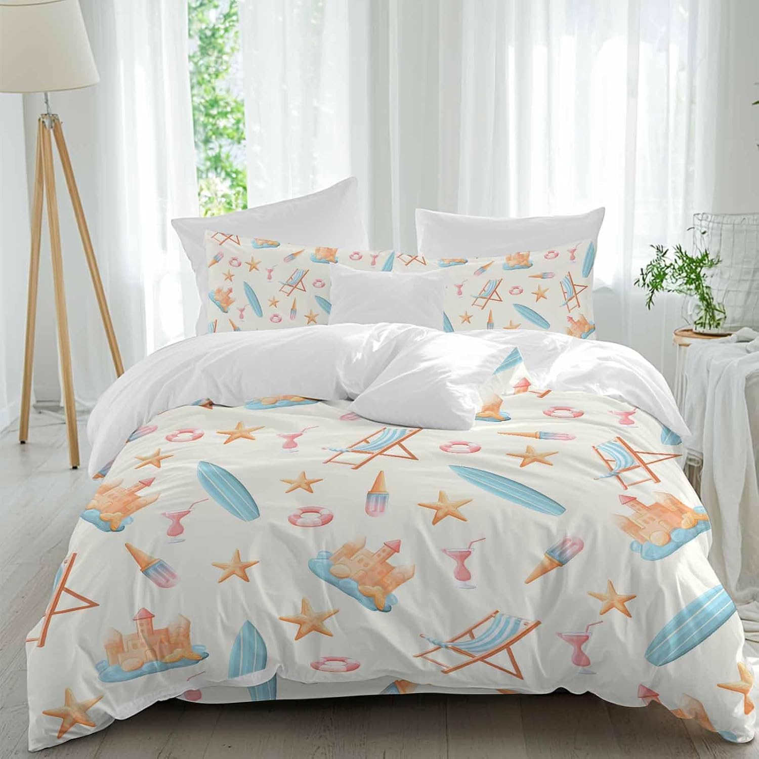 Summer Beach Duvet Cover Set Queen Size 4 Pieces Dreamy Ocean Blue Surfboards Beach Chair Castle Starfish Bedding Set with Zipper Closure, 1 Comforter Cover 92x106 Inches 1 Flat Sheet & 2 Pillow Cases