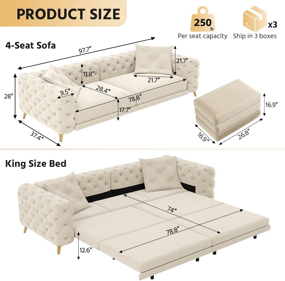 WILLIAMSPACE 97.7' 3-in-1 Convertible Sleeper Sofa Bed, Modern Button Tufted 28.4' Deep Seat Pull Out Couch Bed with Movable Ottoman, Multi-Functional 4-Seater Couch for Living Room, Velvet - Beige