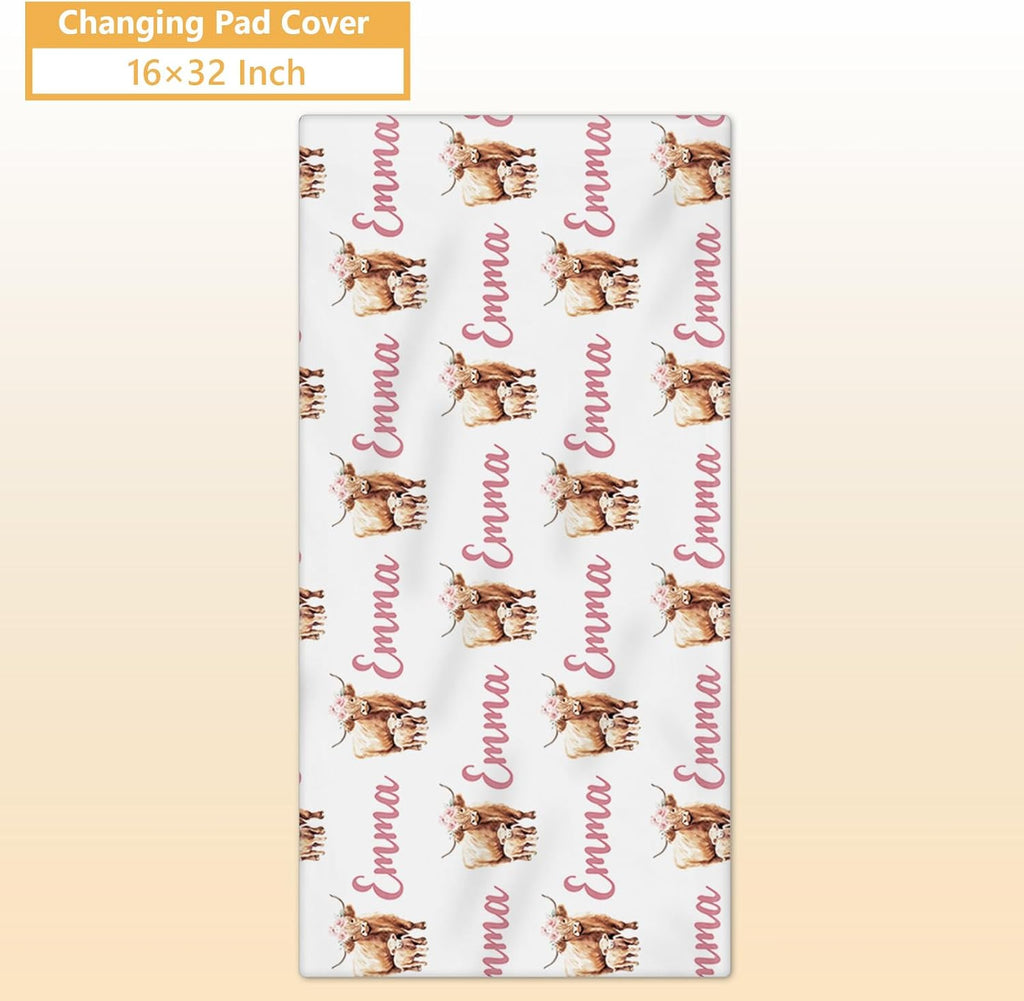 Terwex Personalized Baby Crib Bedding Set, 5 Pcs Custom Name Nursery Bedding Set, Pink Highland Cow Baby Bedding Set for Girl, Double Layer Baby Crib Sets, Customized Gifts for Toddlers Kids Infants