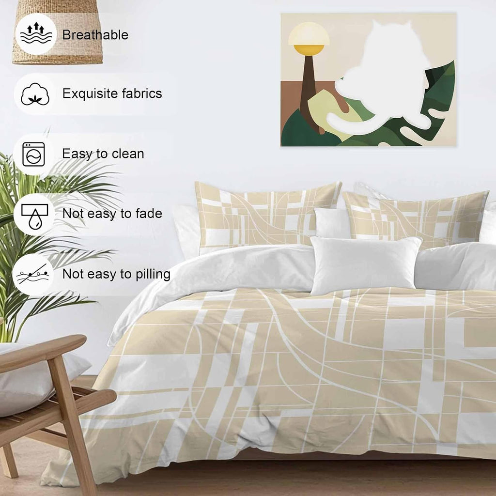 Prime Leader Lines Duvet Cover Set Queen Size 4 Pieces Abstarct Geometric White Lines Plaid Light Brown Bedding Set with Zipper Closure, 1 Comforter Cover 90x92 Inches 1 Flat Sheet & 2 Pillow Cases