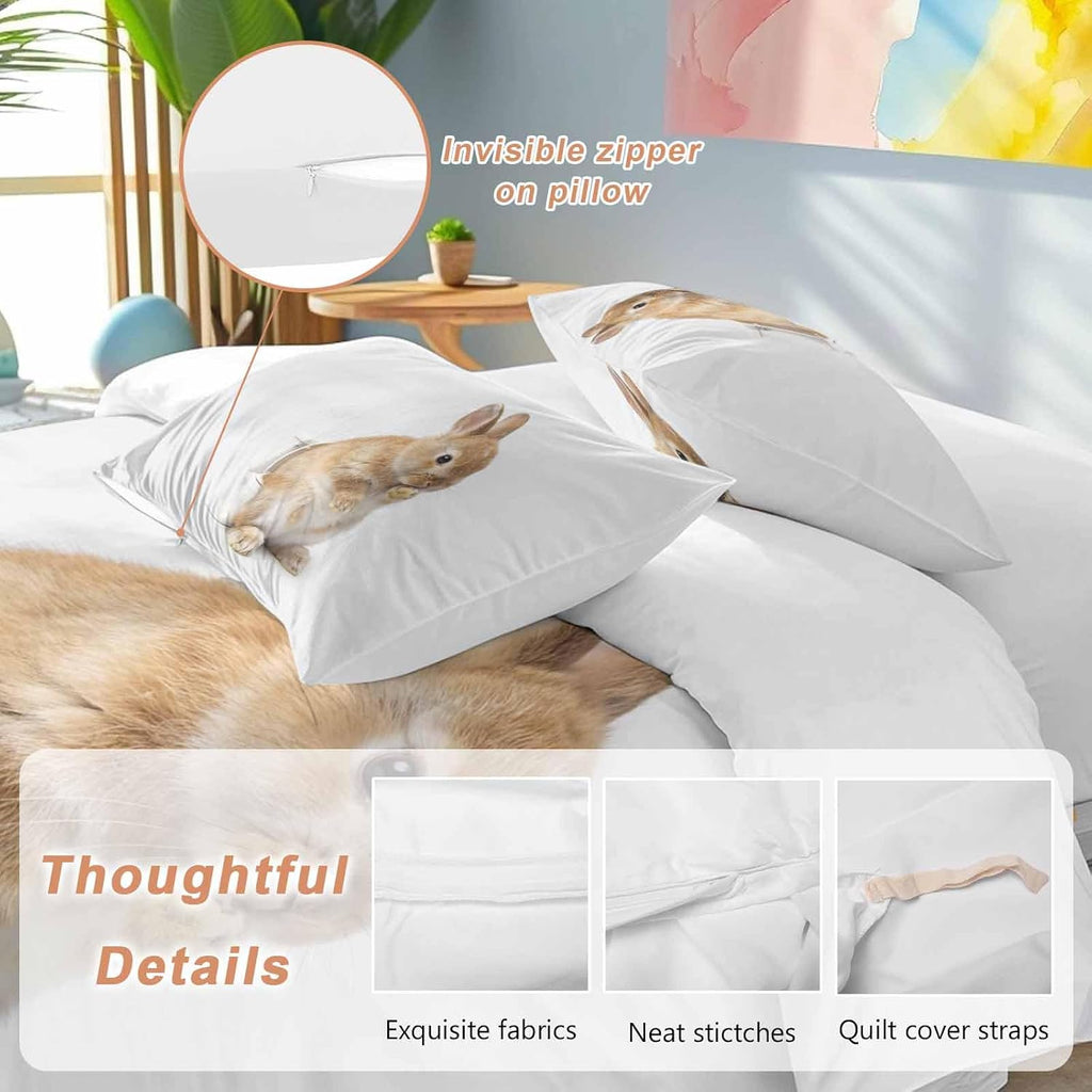 Rabbit Sitting on The Toilet Thinking Duvet Cover Set Queen Size 4 Pieces Abstract Funny Animal Bedding Set with Zipper Closure, 1 Comforter Cover 86x86 Inches 1 Flat Sheet & 2 Pillow Cases