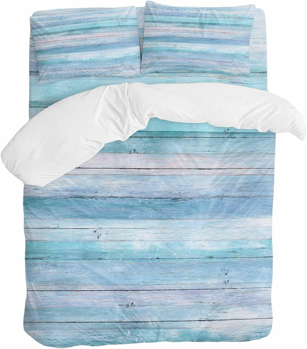 Prime Leader Summer Duvet Cover Set Queen Size 4 Pieces Gradient Blue Wood Grain Rustic Farmhouse Modern Bedding Set with Zipper Closure, 1 Comforter Cover 92x106 Inches 1 Flat Sheet & 2 Pillow Cases