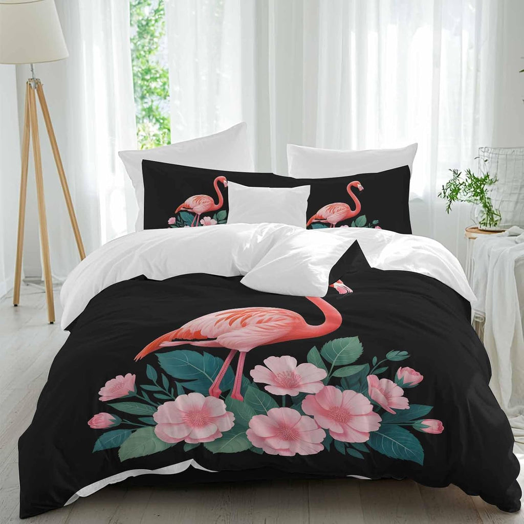 Prime Leader Flamingo Duvet Cover Set Queen Size 4 Pieces Pink Flower Leafs Plants Watercolors Black Bedding Set with Zipper Closure, 1 Comforter Cover 92x106 Inches 1 Flat Sheet & 2 Pillow Cases