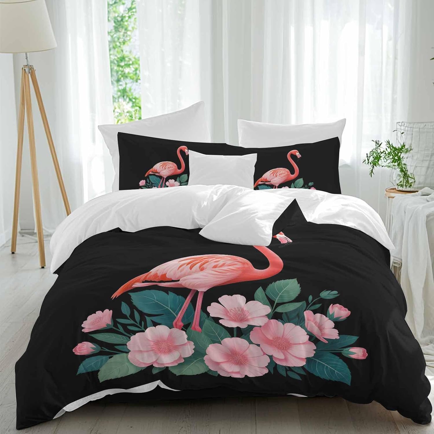 Prime Leader Flamingo Duvet Cover Set Queen Size 4 Pieces Pink Flower Leafs Plants Watercolors Black Bedding Set with Zipper Closure, 1 Comforter Cover 92x106 Inches 1 Flat Sheet & 2 Pillow Cases