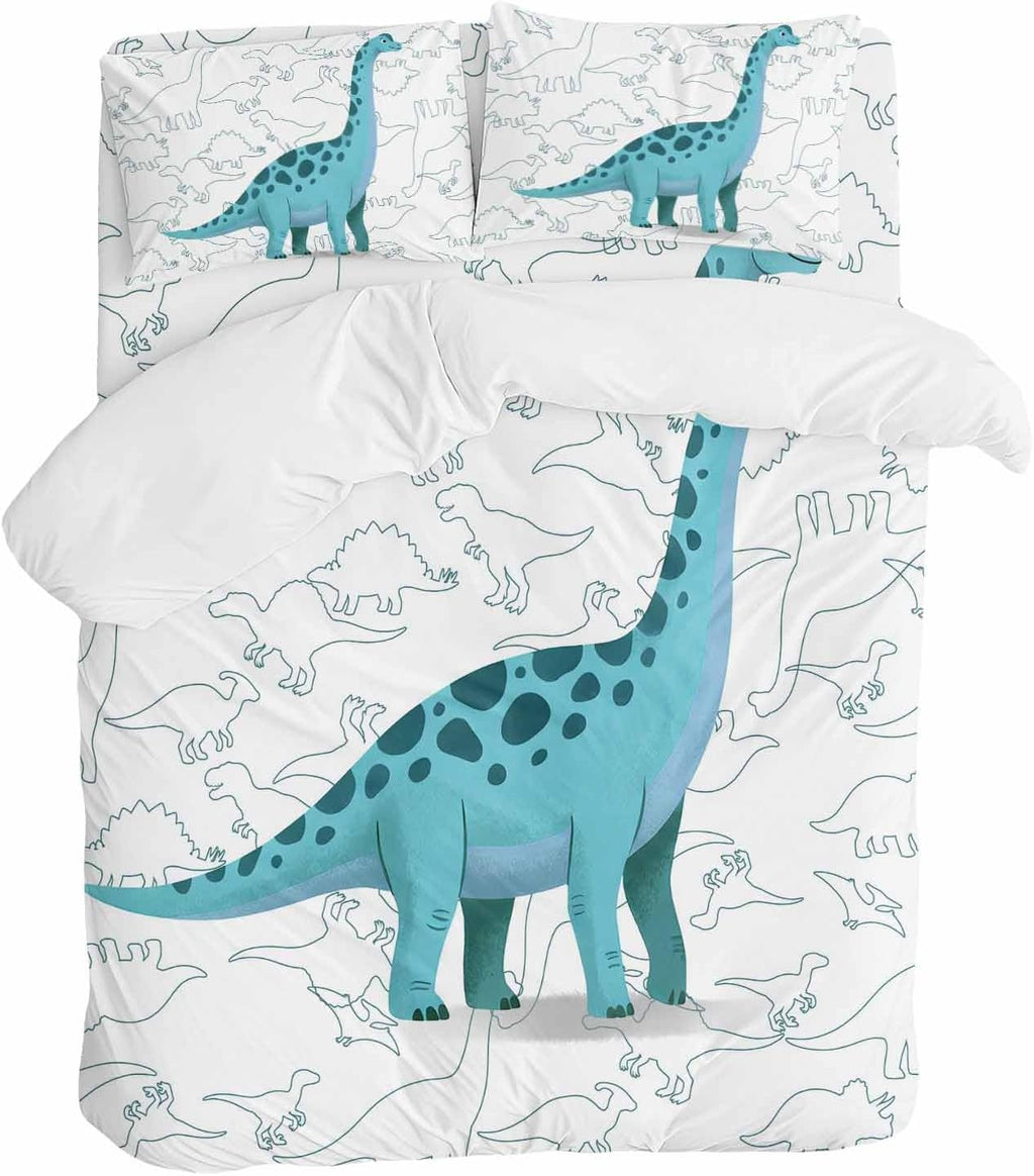 Prime Leader Green Dinosaur Duvet Cover Set Queen Size 4 Pieces Sketching Edges Dinosaur Cartoon Animal Bedding Set with Zipper Closure, 1 Comforter Cover 86x86 Inches 1 Flat Sheet & 2 Pillow Cases