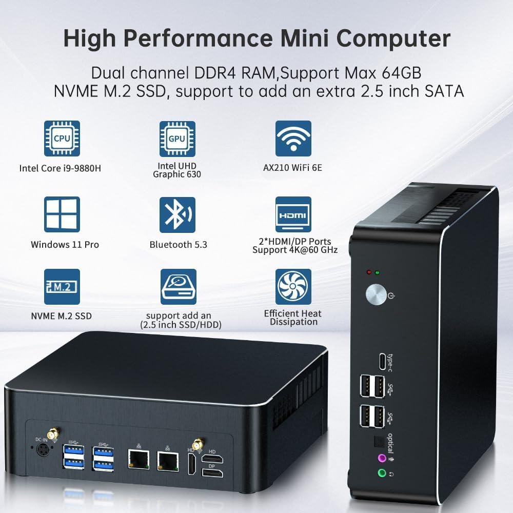 Thdeukoty Mini PC with Core i9-9880H 8C/16T up to 4.8GHz, 64G DDR4 2T SSD, Desktop Computer Windows 11 Pro, DP*1, HDMI*2 4K@60Hz Triple Display, Optical, Dual LAN, WiFi6E/BT5.3,VESA