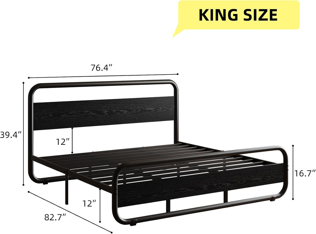 Catrimown King Size Bed Frame, Heavy Duty Metal Rustic King Platform Bed Frame with Wood Headboard, Under Bed Storage, Noise Free, No Box Spring Needed, Black