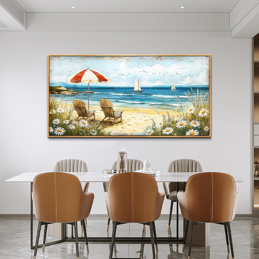 ERQINHUA Large Wall Decor Canvas Painting Wall Art For Living Room Bedroom Home Decoration Blue Seaside Landscape Painting Print For office Dining Room Bathroom Wall Aesthetics Wood Frame 30x60 In
