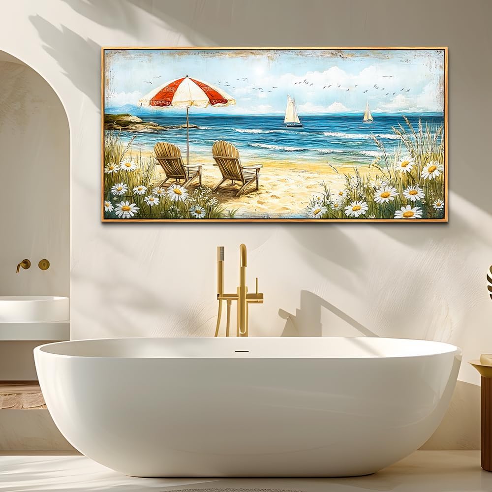 ERQINHUA Large Wall Decor Canvas Painting Wall Art For Living Room Bedroom Home Decoration Blue Seaside Landscape Painting Print For office Dining Room Bathroom Wall Aesthetics Wood Frame 30x60 In