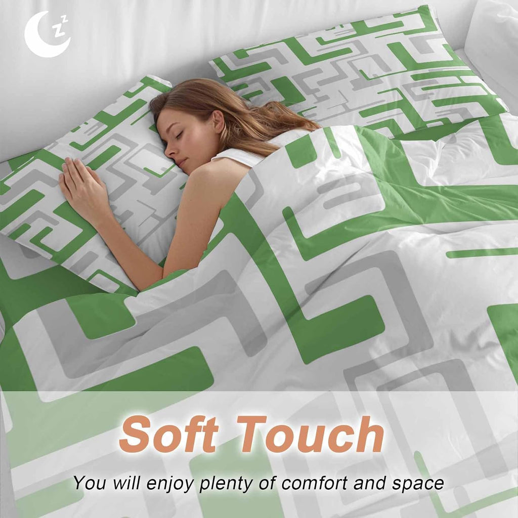 Prime Leader Green Gray Geometric Stripes Duvet Cover Set Queen Size 4 Pieces Modern Abstract Lines Maze Bedding Set with Zipper Closure, 1 Comforter Cover 92x106 Inches 1 Flat Sheet & 2 Pillow Cases