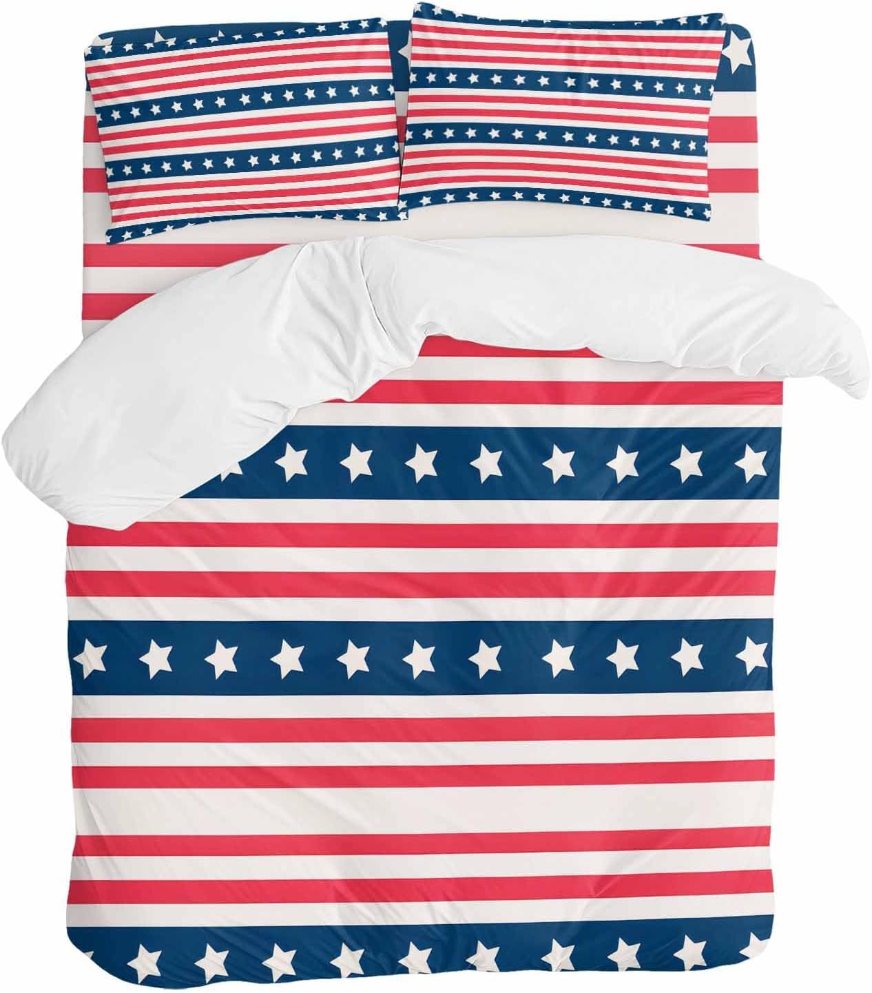 Prime Leader Independence Day Duvet Cover Set Queen Size 4 Pieces Watercolor Red White Blue Stripes White Bedding Set with Zipper Closure, 1 Comforter Cover 90x92 Inches 1 Flat Sheet & 2 Pillow Cases