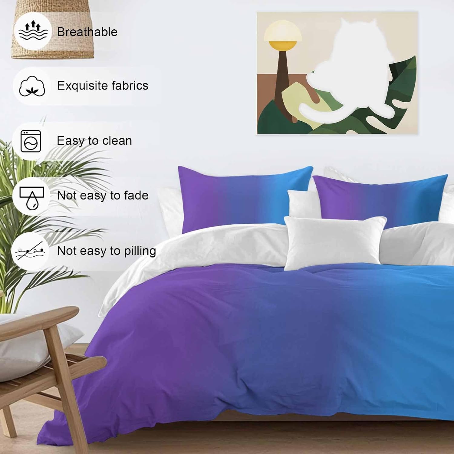 Purple Blue Gradient Duvet Cover Set Queen Size 4 Pieces Colorful Striped Ombre Minimalist Art Bedding Set with Zipper Closure, 1 Comforter Cover 90x92 Inches 1 Flat Sheet & 2 Pillow Cases
