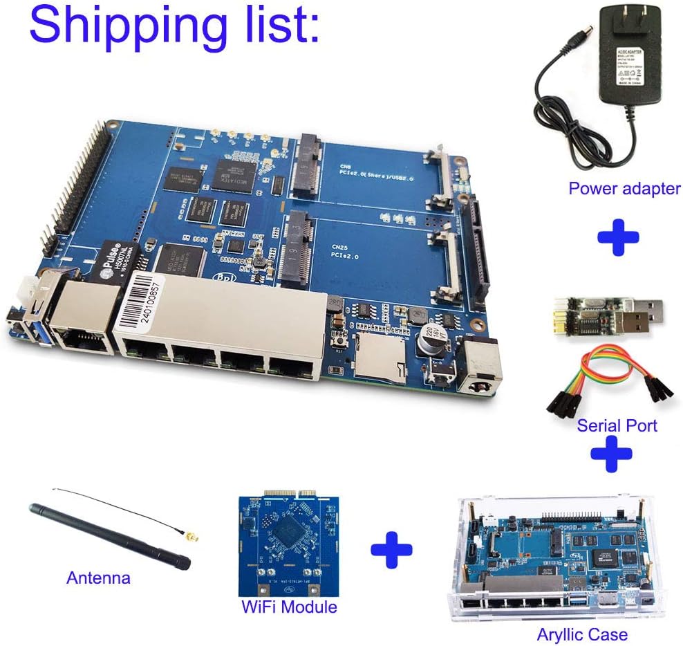 Banana Pi BPI R64 Smart WiFi Router-High Speed Wireless Router,Dual Band, 5 Gigabit Port with 1GB DDR3 Based in MediaTek MTK MT7622 Soc OpenWRT for NAS VPN Server,Bundle with Dual-Band WiFi Module
