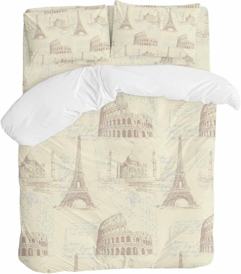 Prime Leader Yellow Architecture Duvet Cover Set Queen Size 4 Pieces Retro Classic Light Yellow City Bedding Set with Zipper Closure, 1 Comforter Cover 90x92 Inches 1 Flat Sheet & 2 Pillow Cases