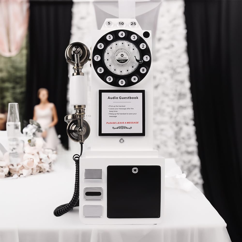 Audio Guest Book Phone, Retro Classic Audio Guestbook Record Customized Audio Messages with Guest Book Telephone for Parties Weddings Birthdays Rentals Confessions (White)