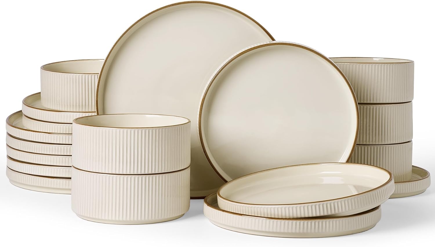 Famiware Star 18-Piece Stoneware Plates and Bowls Sets, Service for 6, Ceramic Dinnerware with Trim, Modern Rustic Dishes for Everyday/Formal, Chip/Scratch Resistant, Microwave/Dishwasher Safe, Cream