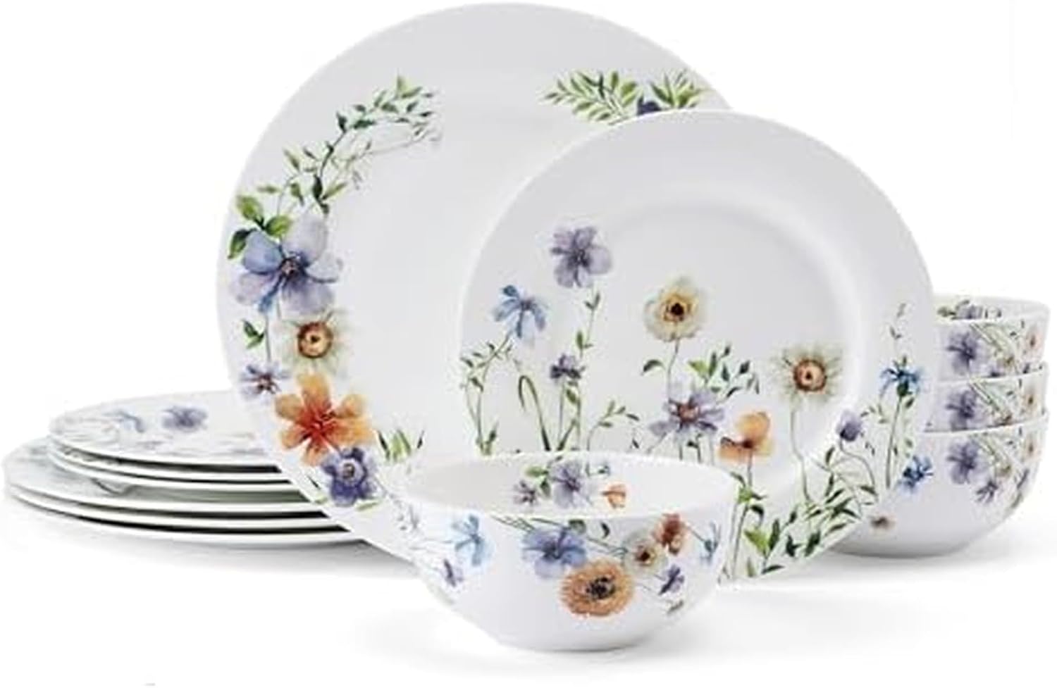 Mikasa Audrina Water Color Flowers Bone China Lightweight Chip Resistant 12 Piece Dinnerware Set, Service for 4, White