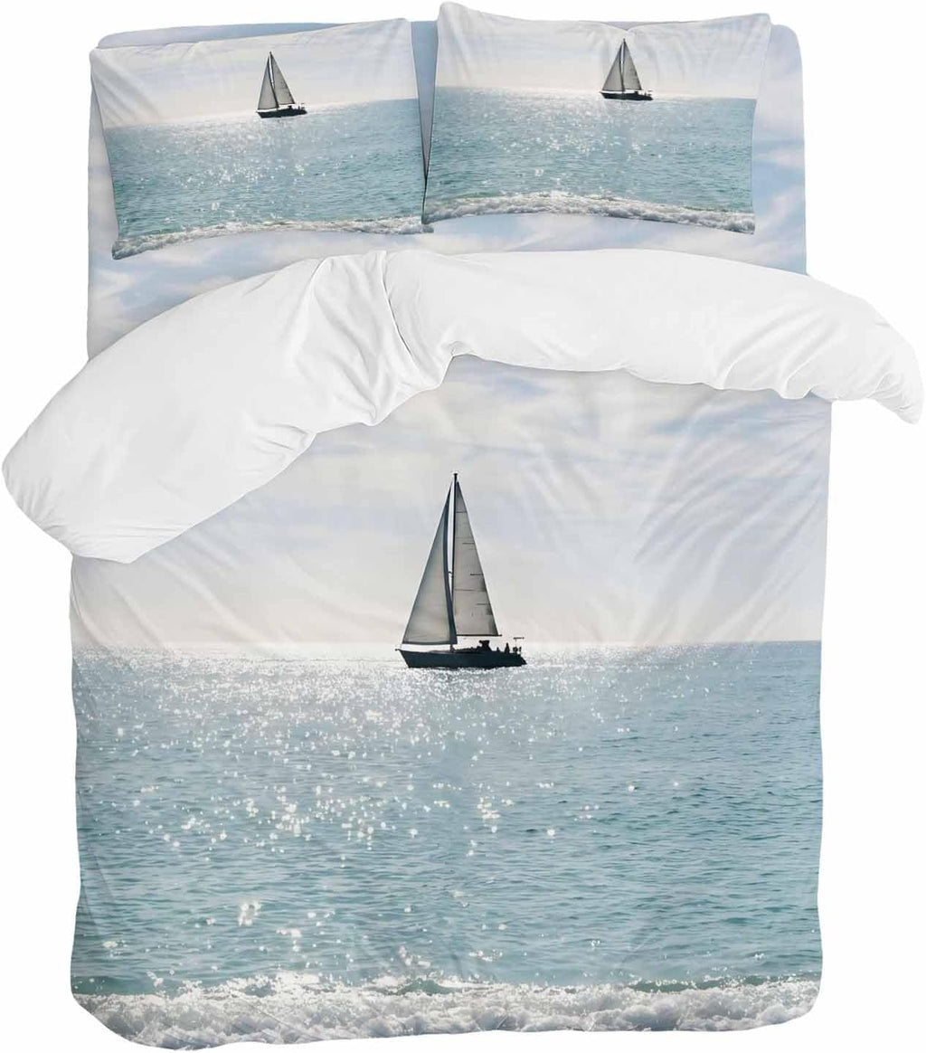 Nature Seascape Duvet Cover Set Queen Size 4 Pieces Sailboats Blue Waves Cloud Sky Ocean Surface Bedding Set with Zipper Closure, 1 Comforter Cover 90x92 Inches 1 Flat Sheet & 2 Pillow Cases