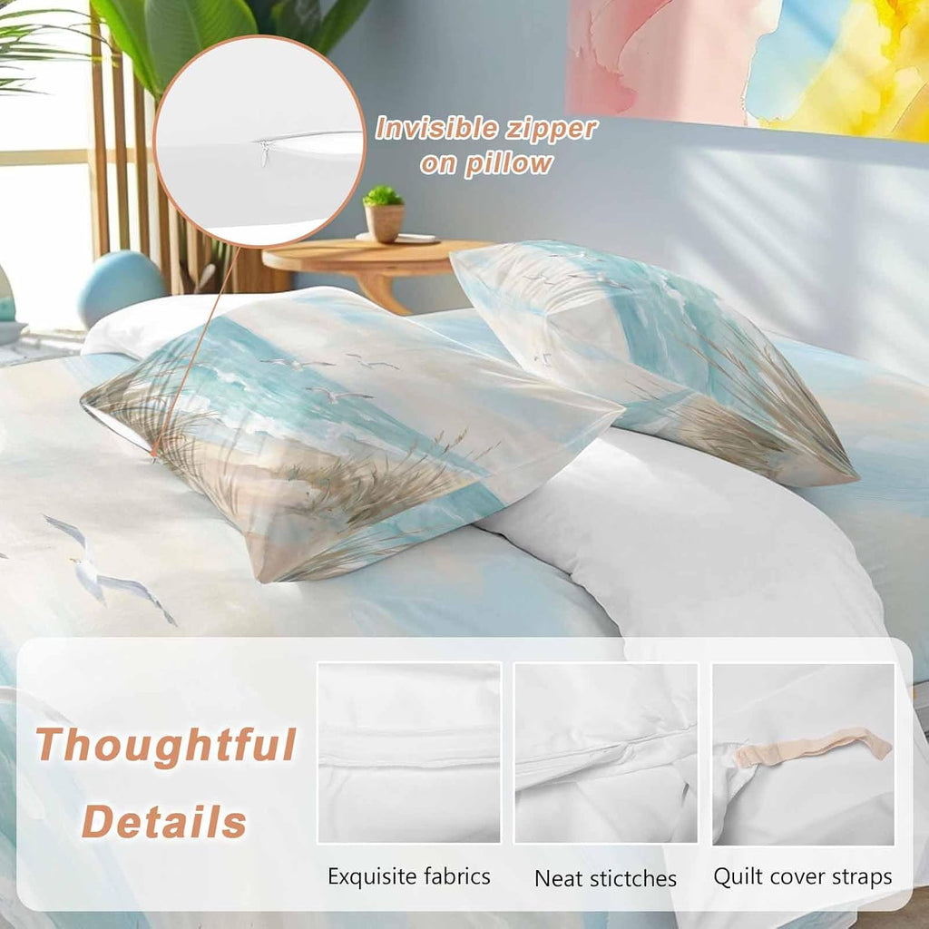 Coastal Seagulls Duvet Cover Set Queen Size 4 Pieces Beach Ocean Sky Oil Paintings Style Summer Bedding Set with Zipper Closure, 1 Comforter Cover 86x86 Inches 1 Flat Sheet & 2 Pillow Cases