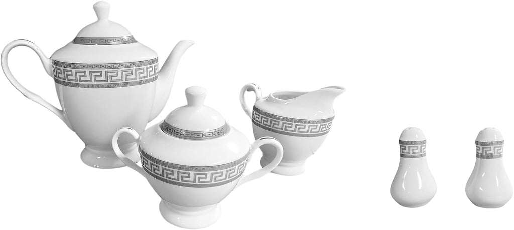 Dinnerware Set for 8-57 Pieces White and Silver Greek Key Design - Vintage Porcelain Plates, Bowls, Cups and Saucers - For Everyday Use and Special Occasions (Meander Silver 2057)