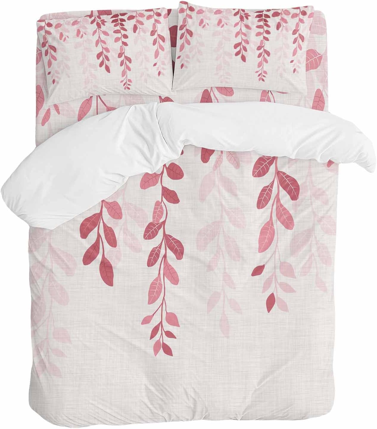 Prime Leader Plants Gradient Duvet Cover Set Queen Size 4 Pieces Pink Leaves Farmhouse Style Bedding Set with Zipper Closure, 1 Comforter Cover 92x106 Inches 1 Flat Sheet & 2 Pillow Cases