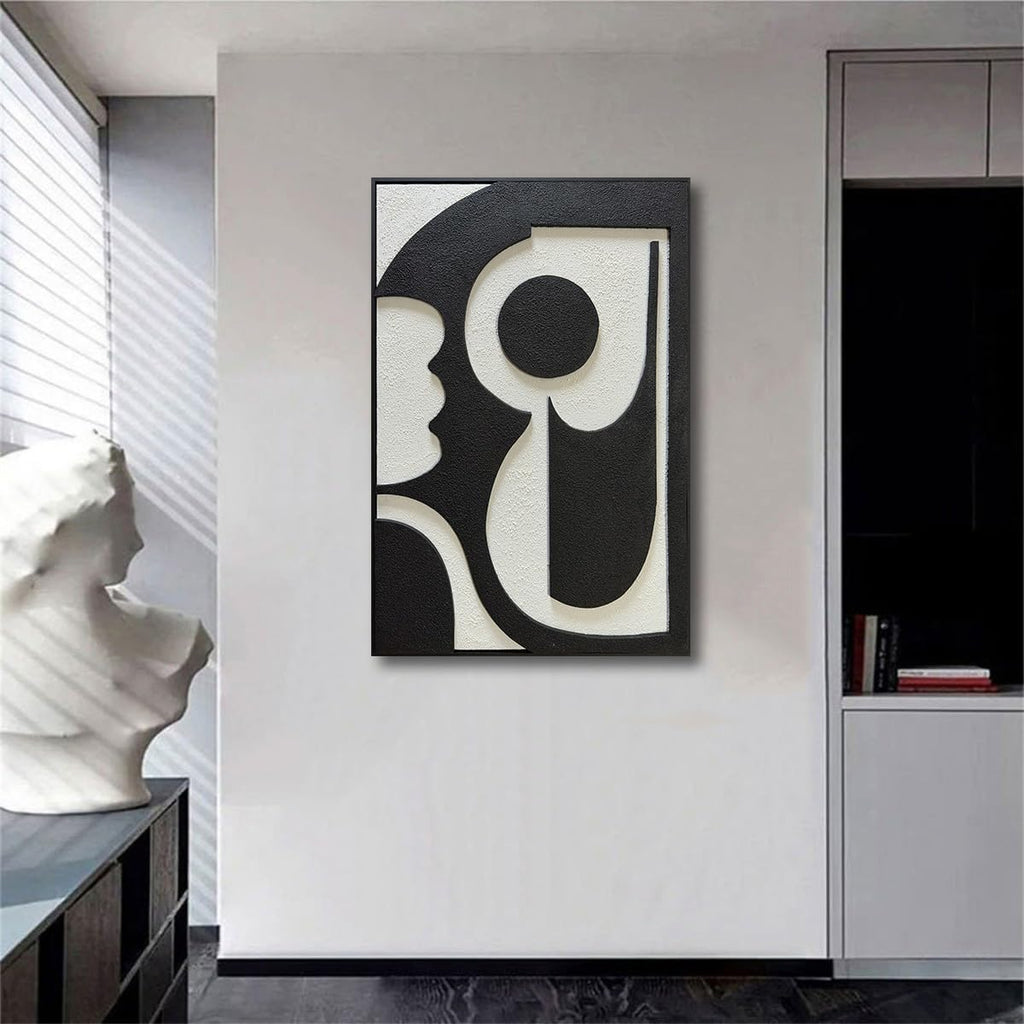 zoinart Minimalist Black and White Thick Textured Plaster Wall Art, Black White Framed Artwork Wall for Home Decor, Modern Monochrome Relief Art