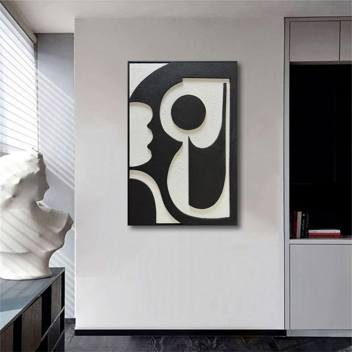 zoinart Minimalist Black and White Thick Textured Plaster Wall Art, Black White Framed Artwork Wall for Home Decor, Modern Monochrome Relief Art