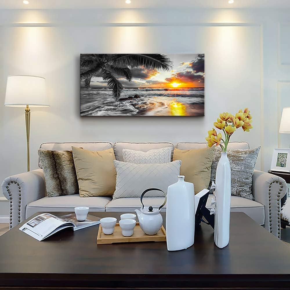 Yxbhhym-Large Canvas Black White Gold Ocean Wall Art Sunset Beach Pictures Coastal Painting Sunrise Seascape Scenery Print Palm Poster Sea Artwork for Bedroom Wall Art Living Room Office Décor