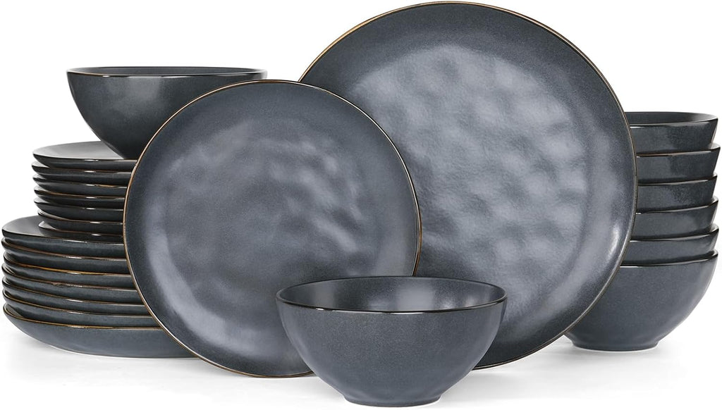Famiware Dinnerware Sets for 8, Ocean Round 24-Piece Kitchen Plates and Bowls Sets, Microwave and Dishwasher Safe, Scratch Resistant, Matte Black