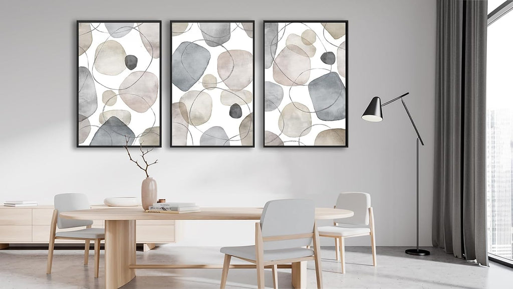 Large Abstract Canvas Wall Art - Geometric Framed Wall Decor Modern Circles and Lines Paintings Light Colors Minimalist Pictures for Living Room Bedroom Office Bathroom 24' X 36' X 3 Panels