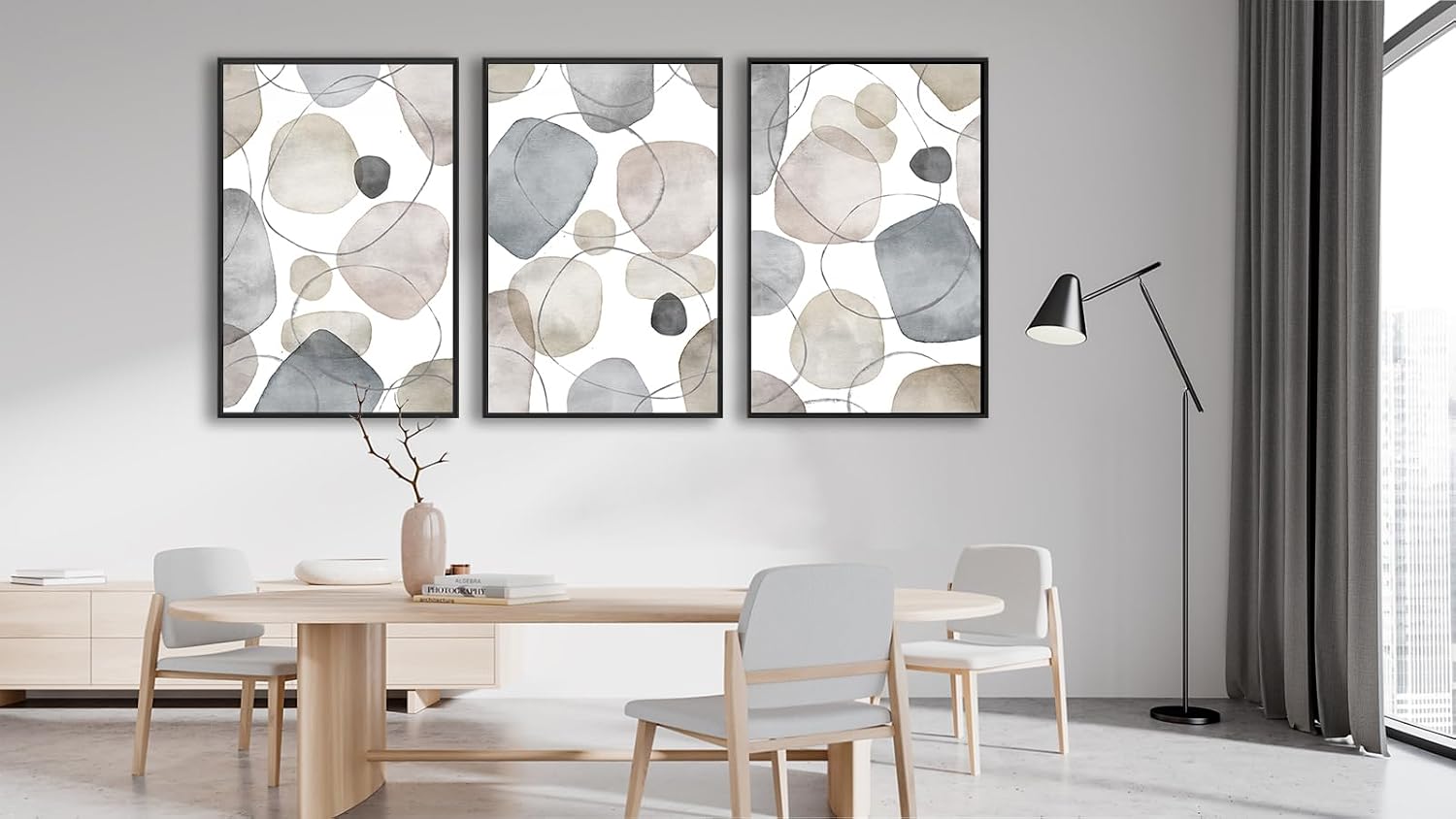 Large Abstract Canvas Wall Art - Geometric Framed Wall Decor Modern Circles and Lines Paintings Light Colors Minimalist Pictures for Living Room Bedroom Office Bathroom 24' X 36' X 3 Panels