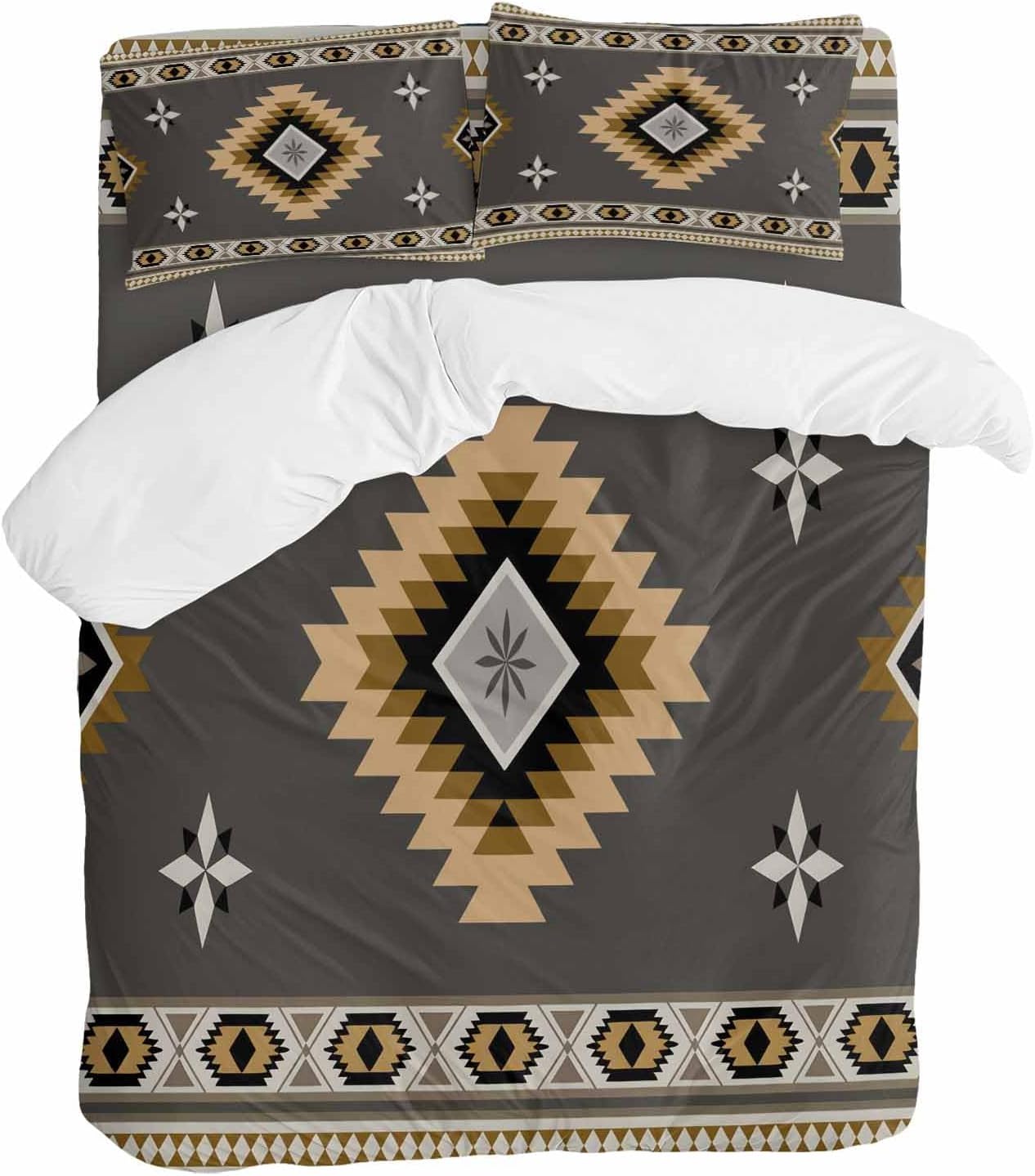 Prime Leader Grey Tribal Geometric Duvet Cover Set Queen Size 4 Pieces Vintage Boho Native Abstract Bedding Set with Zipper Closure, 1 Comforter Cover 90x92 Inches 1 Flat Sheet & 2 Pillow Cases