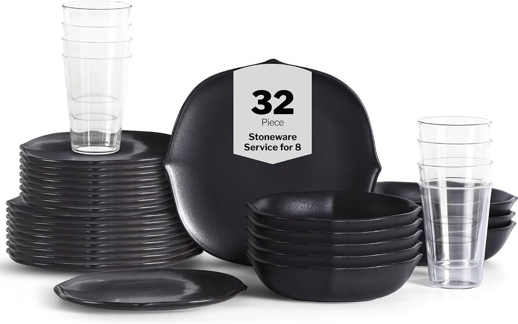 Stone Lain Baskerville 32-Piece Dinnerware Set Stoneware, Borosilicate Glass, Black