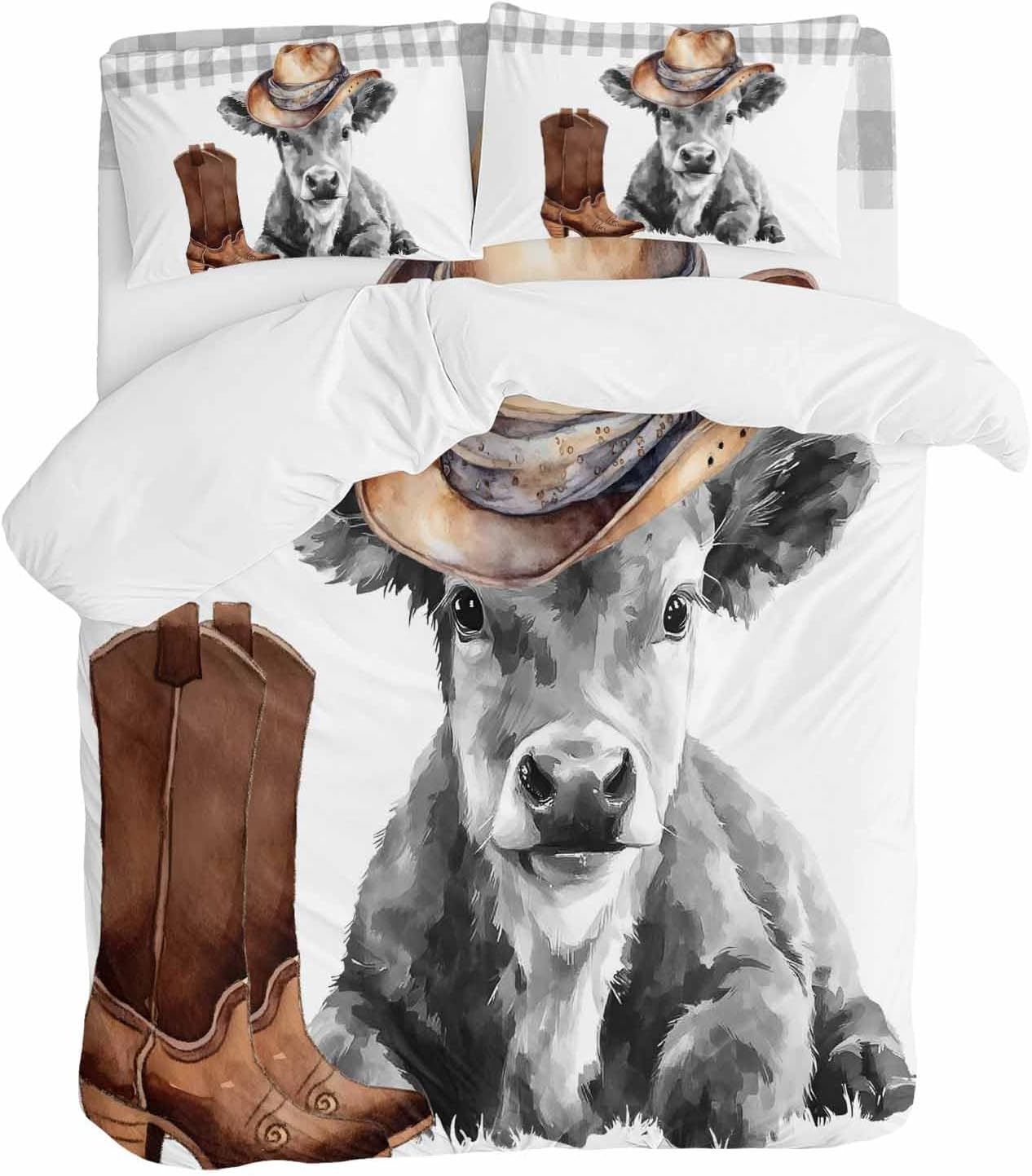 Farmhouse Cow Duvet Cover Set Queen Size 4 Pieces Grey Animal with Cowboy Hats Western Boots Plaid Bedding Set with Zipper Closure, 1 Comforter Cover 90x92 Inches 1 Flat Sheet & 2 Pillow Cases