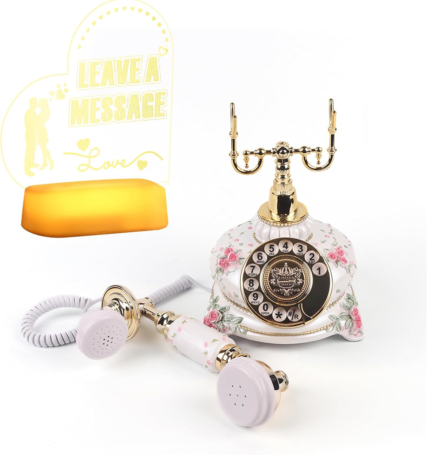 Premium Classic Retro Style Wedding MessageBook Audio Phone with Free LED Sign,European Old Fashioned Luxry Antique Audio Guestbook Desk Decoration Telephone for Birthday Parties (Ceramic White)