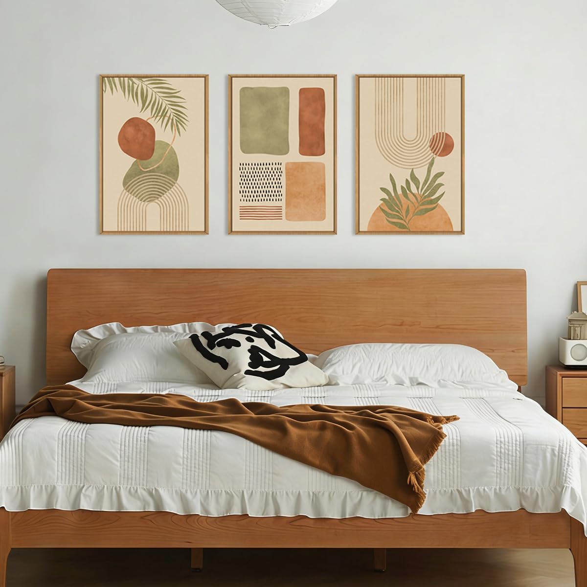 Large Boho Sage Green Framed Canvas Wall Art,Abstract Geometric Beige Wall Decor,Mid Century Modern Art Prints,Neutral Botanical Leaf Artwork for Living Room,Bedroom,Office -24'x36'x3